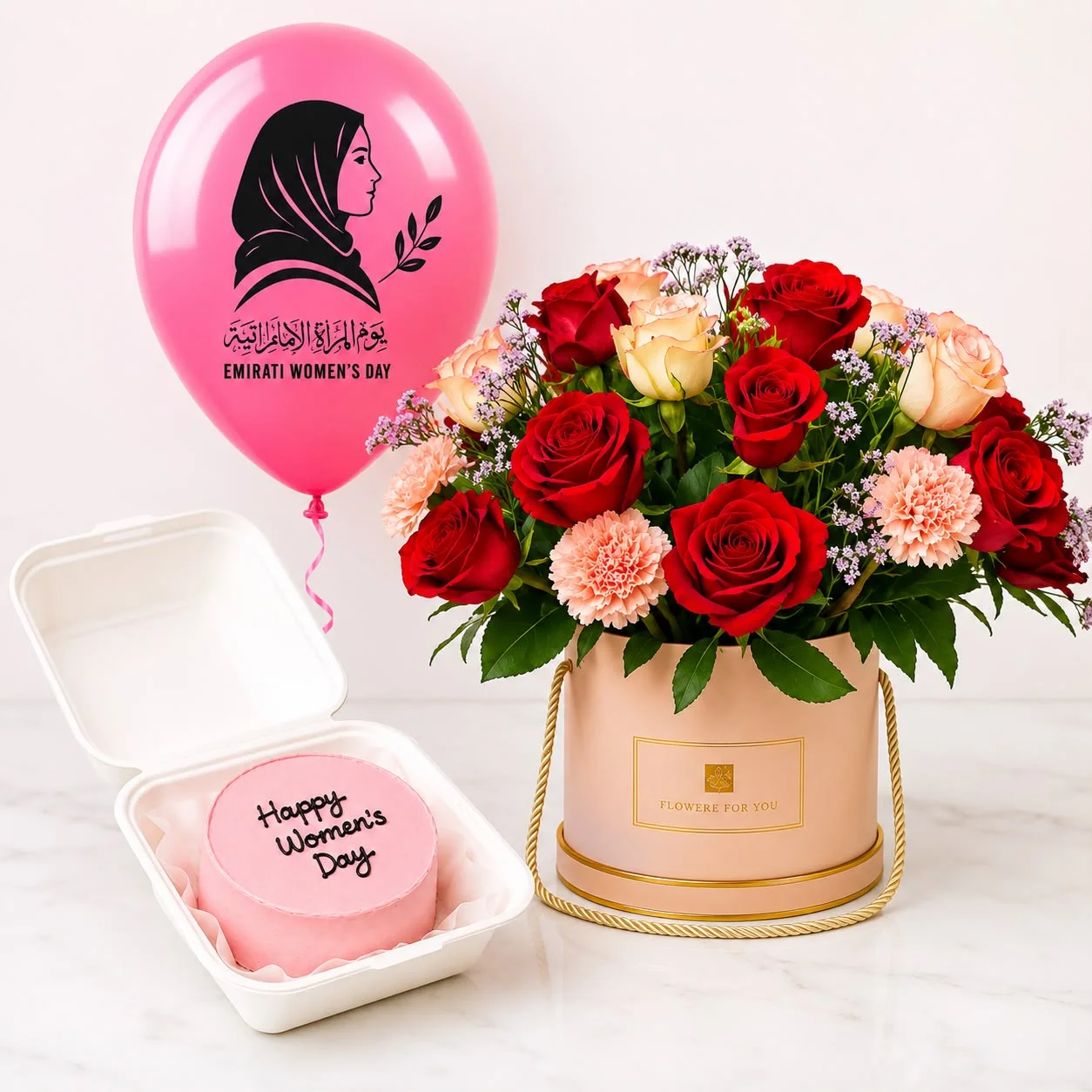 Emirati Women’s Day luxury gift box with pink red roses, carnations, cake and festive balloon